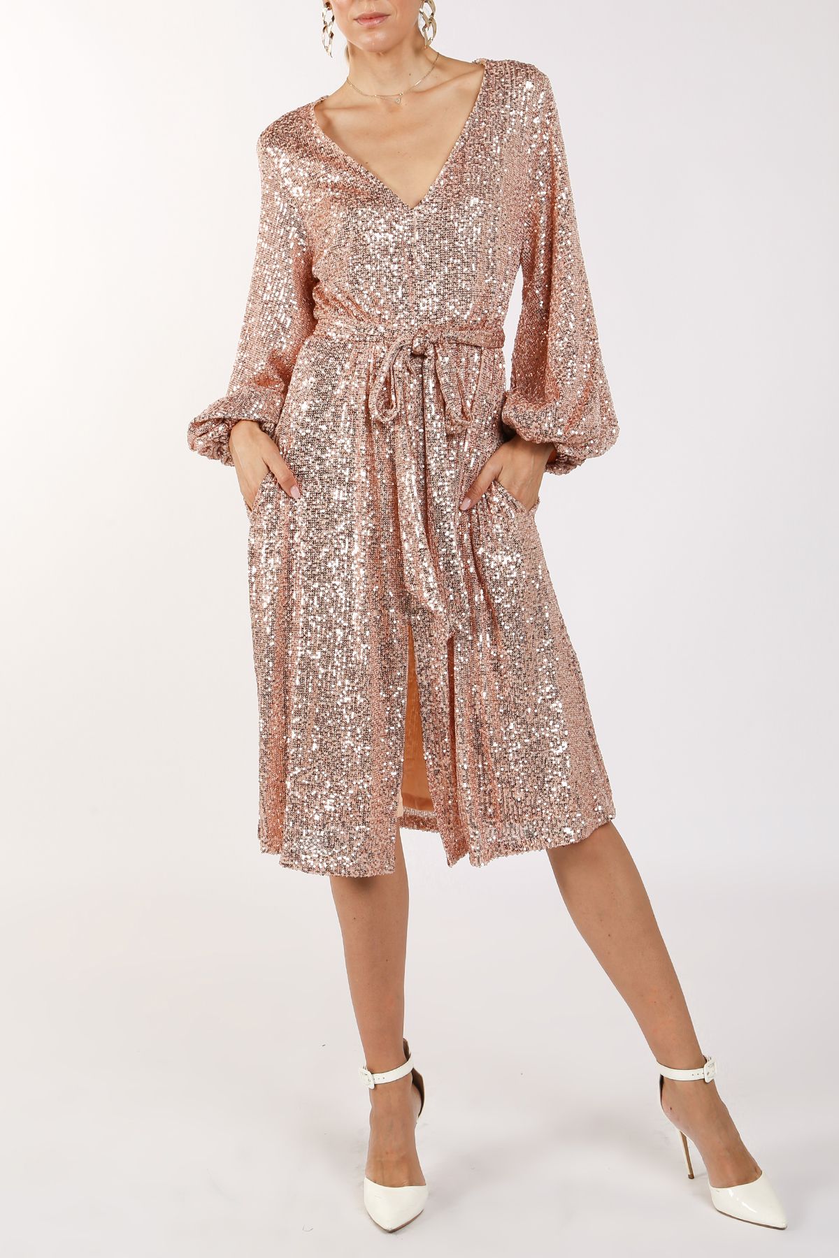 Miles Sequin V-Neck Midi Dress - BTK COLLECTIONS