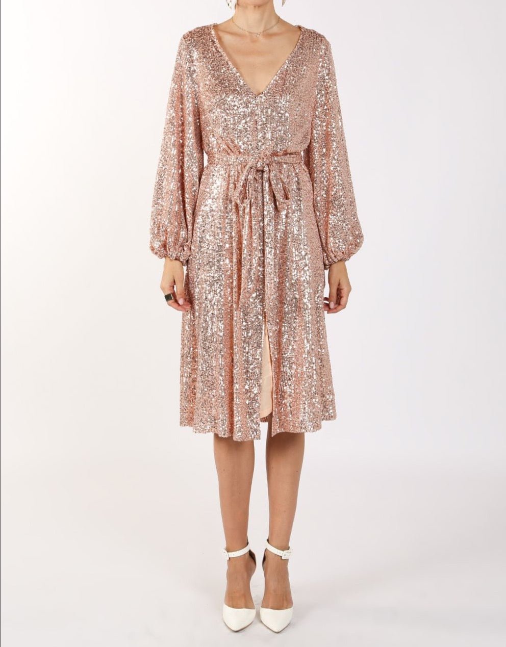 Miles Sequin V-Neck Midi Dress - BTK COLLECTIONS