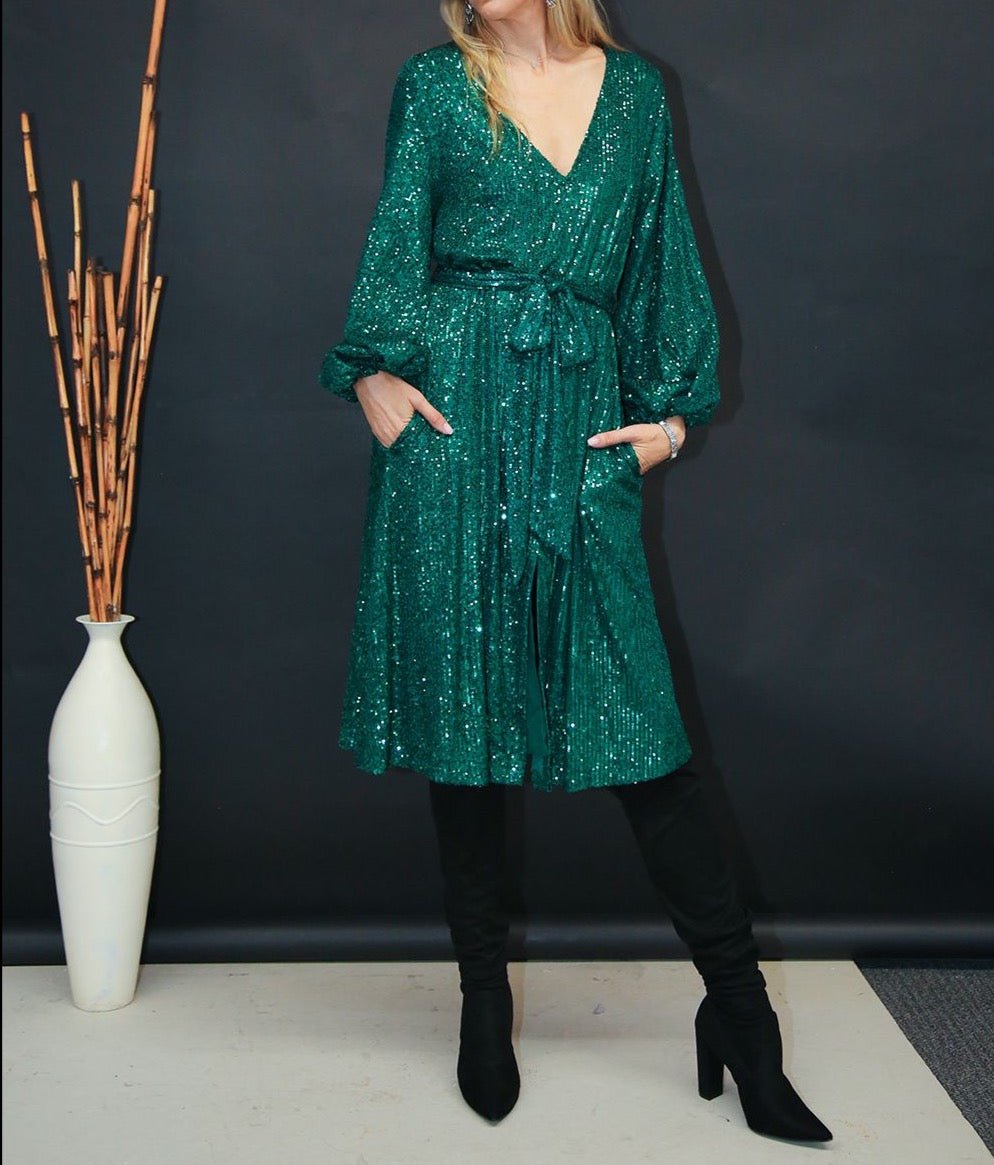 Miles Sequin V-Neck Midi Dress - BTK COLLECTIONS
