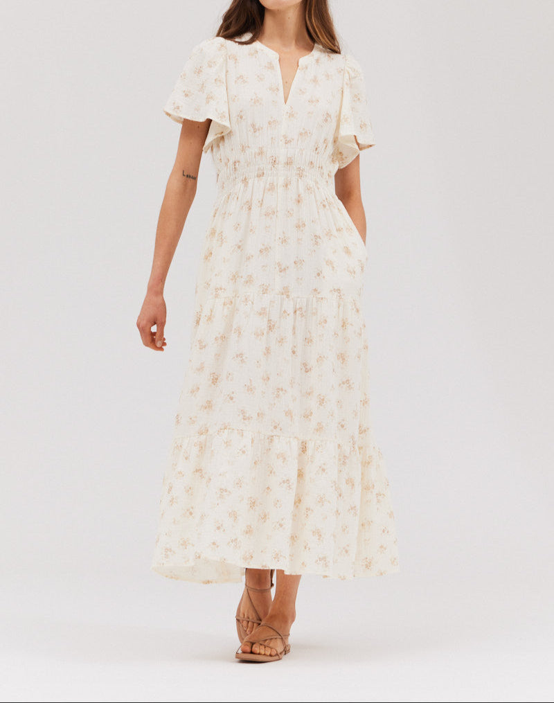 Front view of BTK COLLECTIONS sweater‑friendly floral gauze midi dress featuring flutter sleeves, smocked waist, and tiered skirt