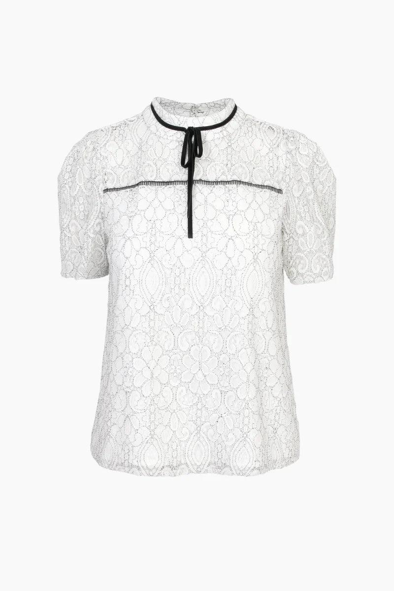 Adelyn Rae Nelli puff sleeve lace top with high neck and black ribbon detail