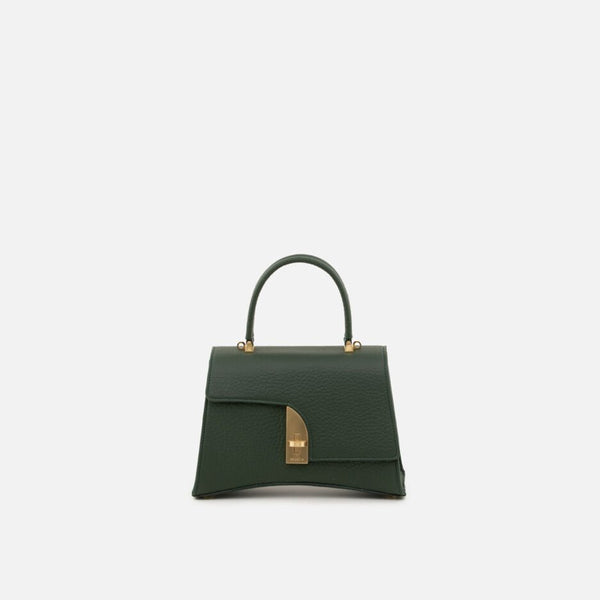 Forest green pebbled calf leather handbag with top handle and gold hardware