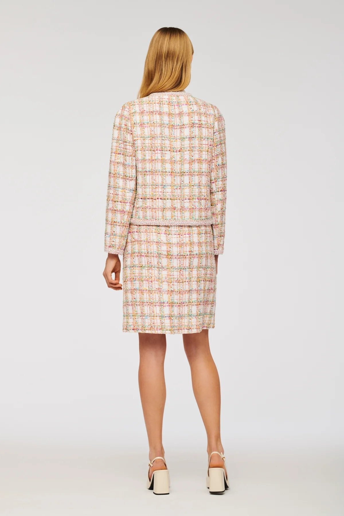 Parisian pastel tweed jacket styled with matching tweed dress