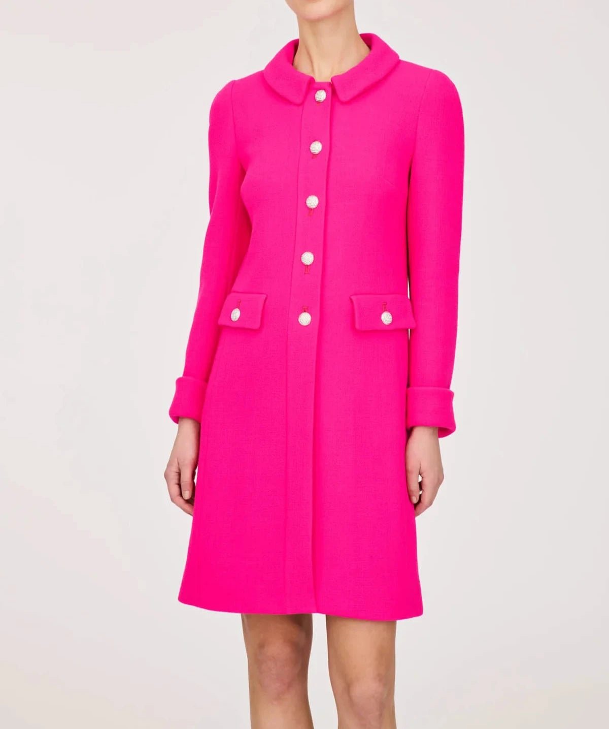 Weill Paris hot pink wool crepe longline jacket with rounded collar, jeweled buttons and turn-back cuffs.