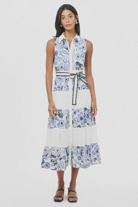 a woman is wearing Ethena Embroidered Sleeveless Shirt Midi Dress