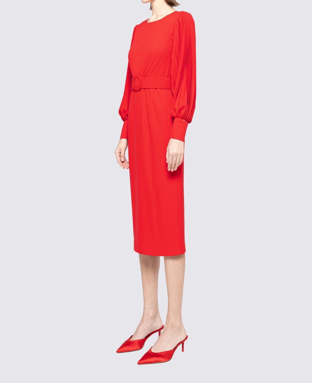 Red belted pencil midi dress for fall executive meetings and polished workwear