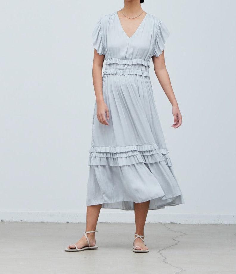 Ruffled Satin V-Neck Dress - BTK COLLECTIONS