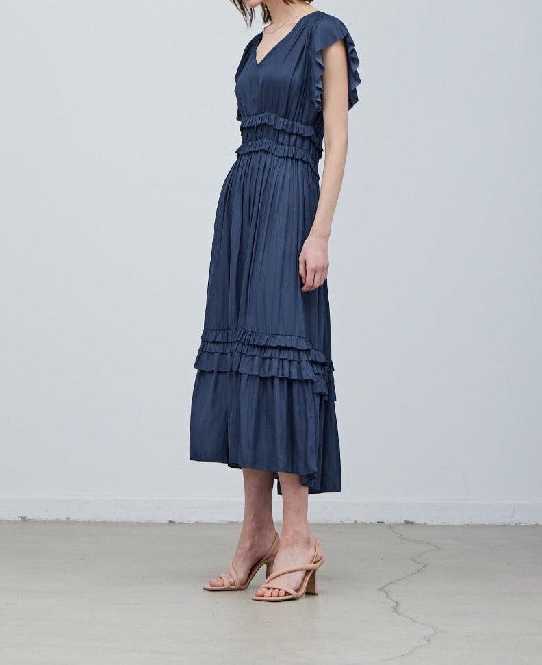 Ruffled Satin V-Neck Dress - BTK COLLECTION