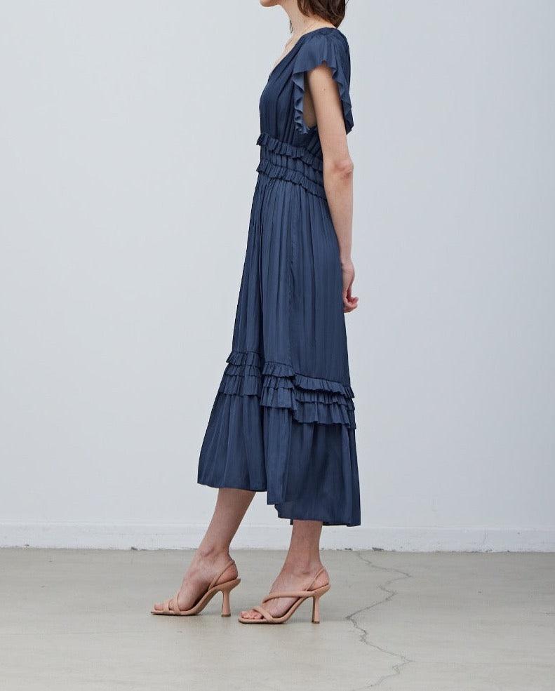 Ruffled Satin V-Neck Dress - BTK COLLECTION