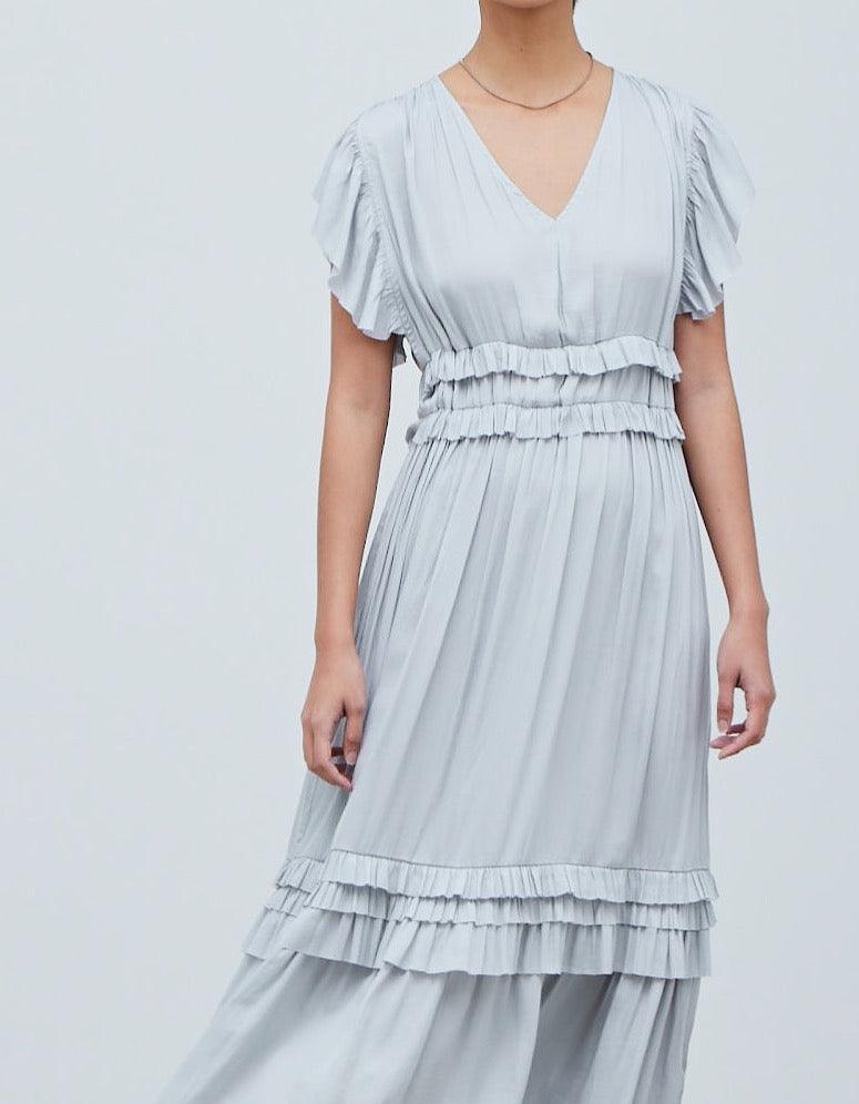 Ruffled Satin V-Neck Dress - BTK COLLECTION