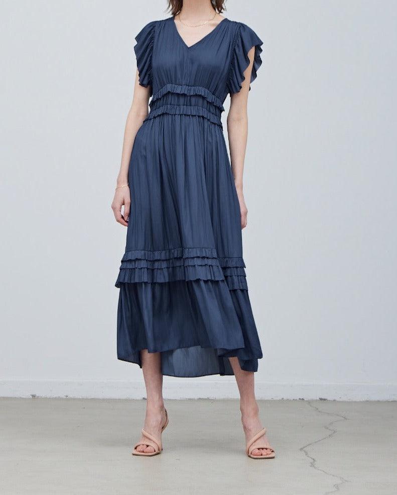 Ruffled Satin V-Neck Dress - BTK COLLECTION