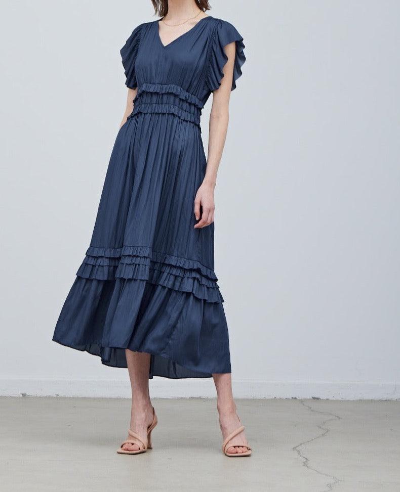 Ruffled Satin V-Neck Dress - BTK COLLECTION