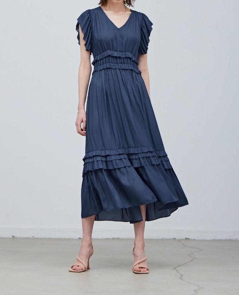 Ruffled Satin V-Neck Dress - BTK COLLECTION