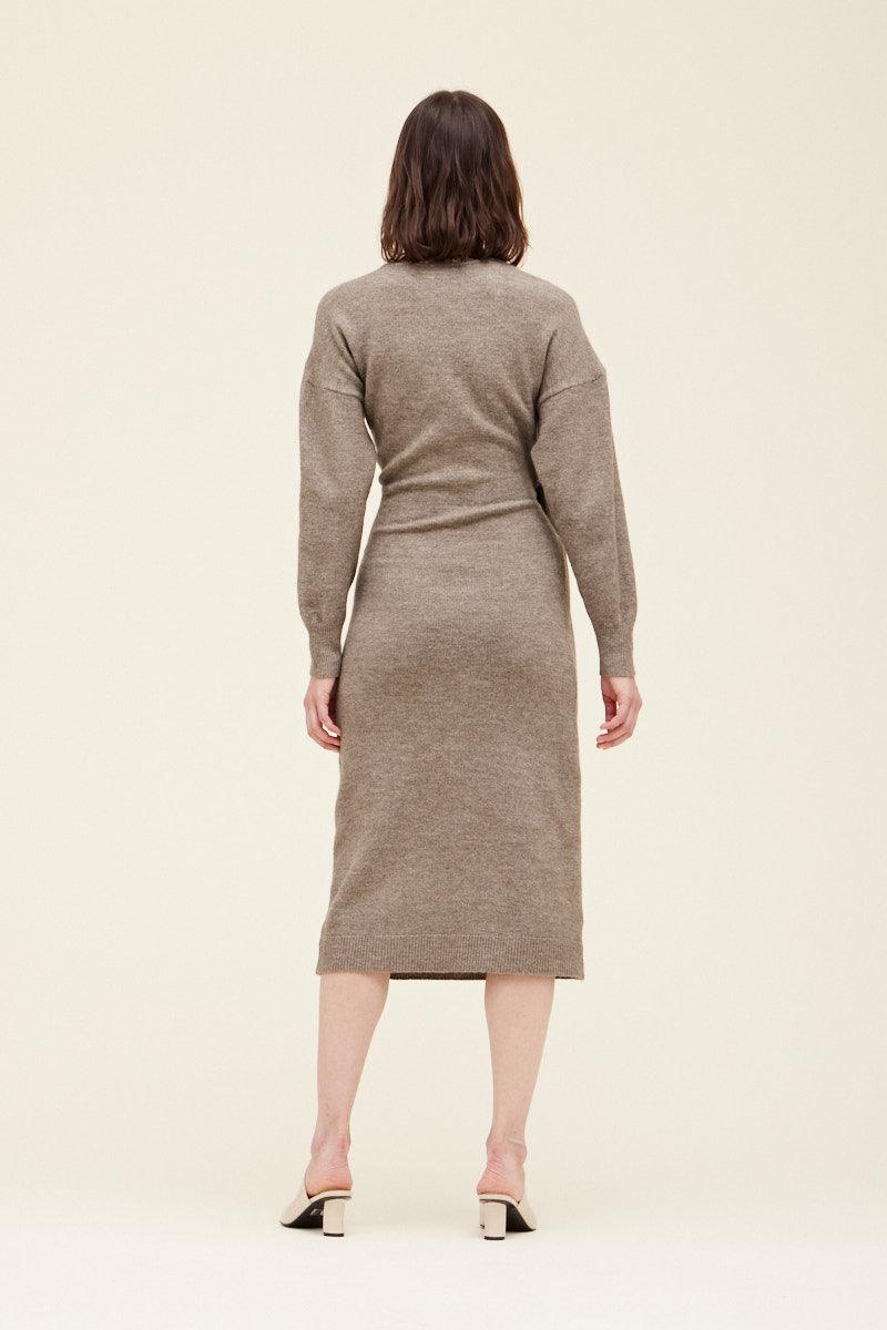 Back view of the field grey side tie knit midi dress by Grade & Gather
