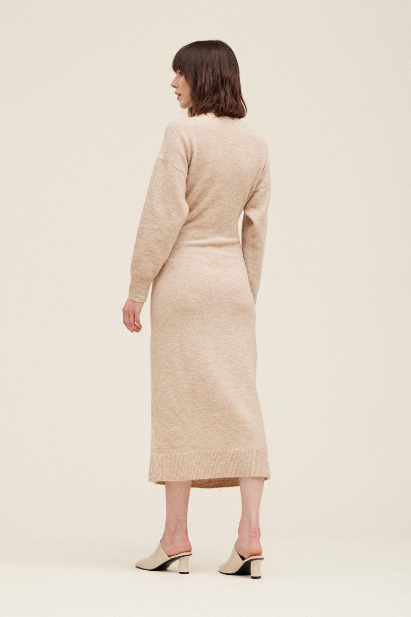 Back view of the oat side tie knit midi dress by Grade & Gather