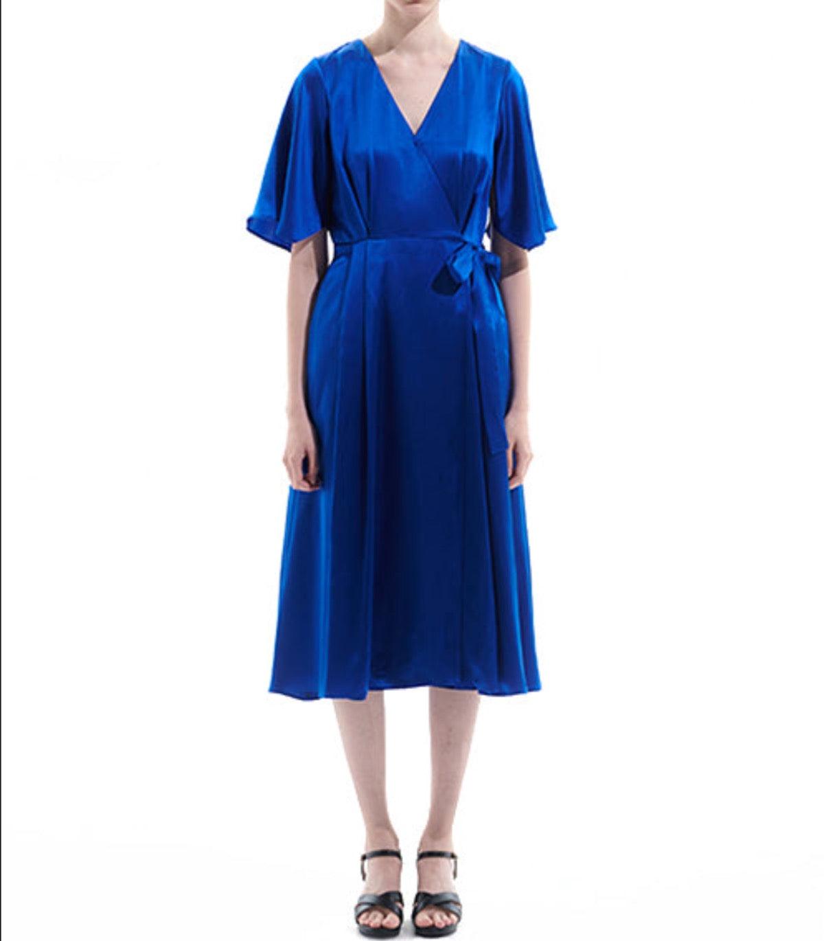 Silk Satin Blue Wrap Midi Dress - BTK COLLECTION