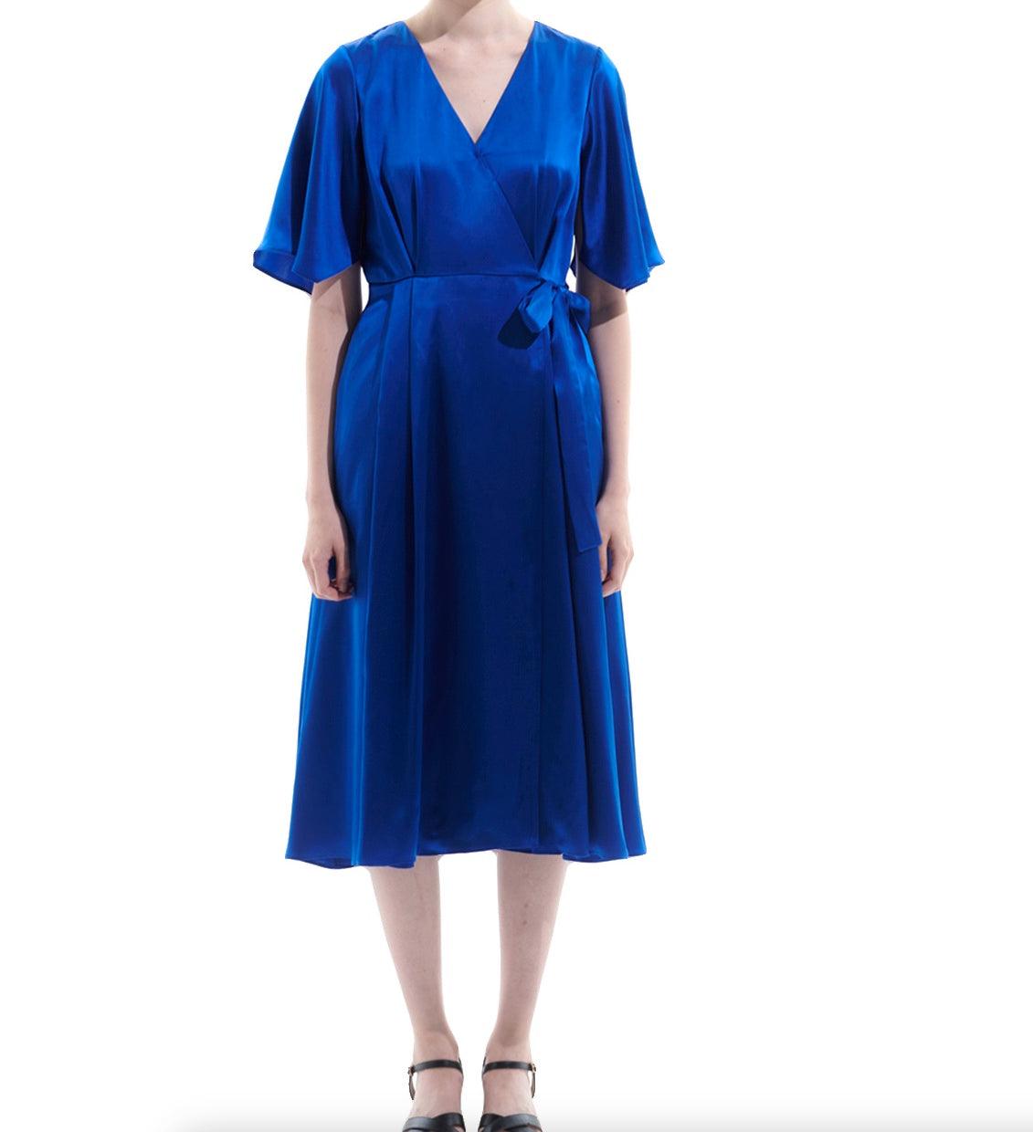 Silk Satin Blue Wrap Midi Dress - BTK COLLECTION