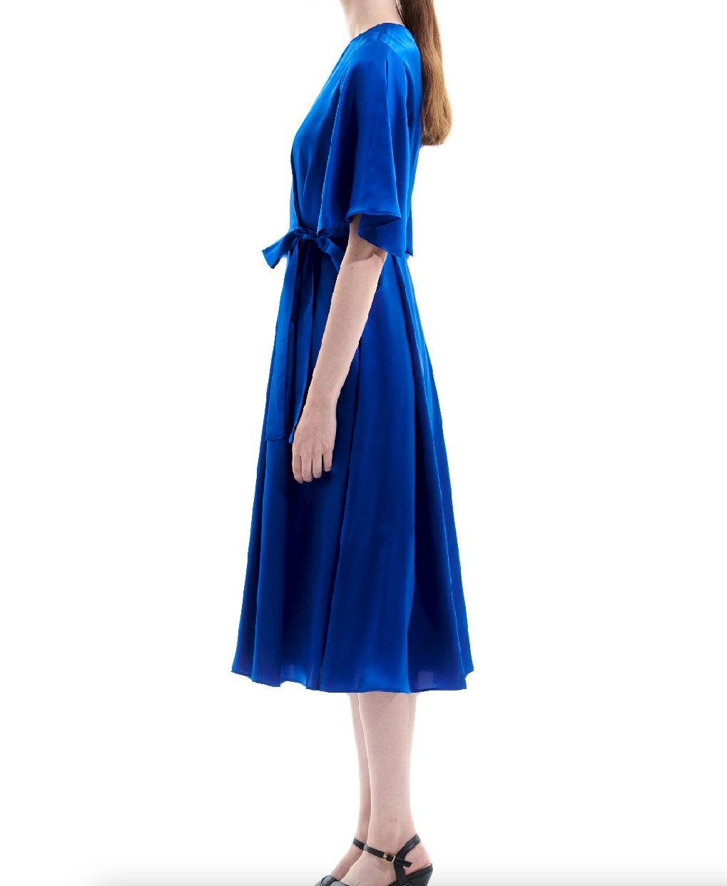 Silk Satin Blue Wrap Midi Dress - BTK COLLECTION