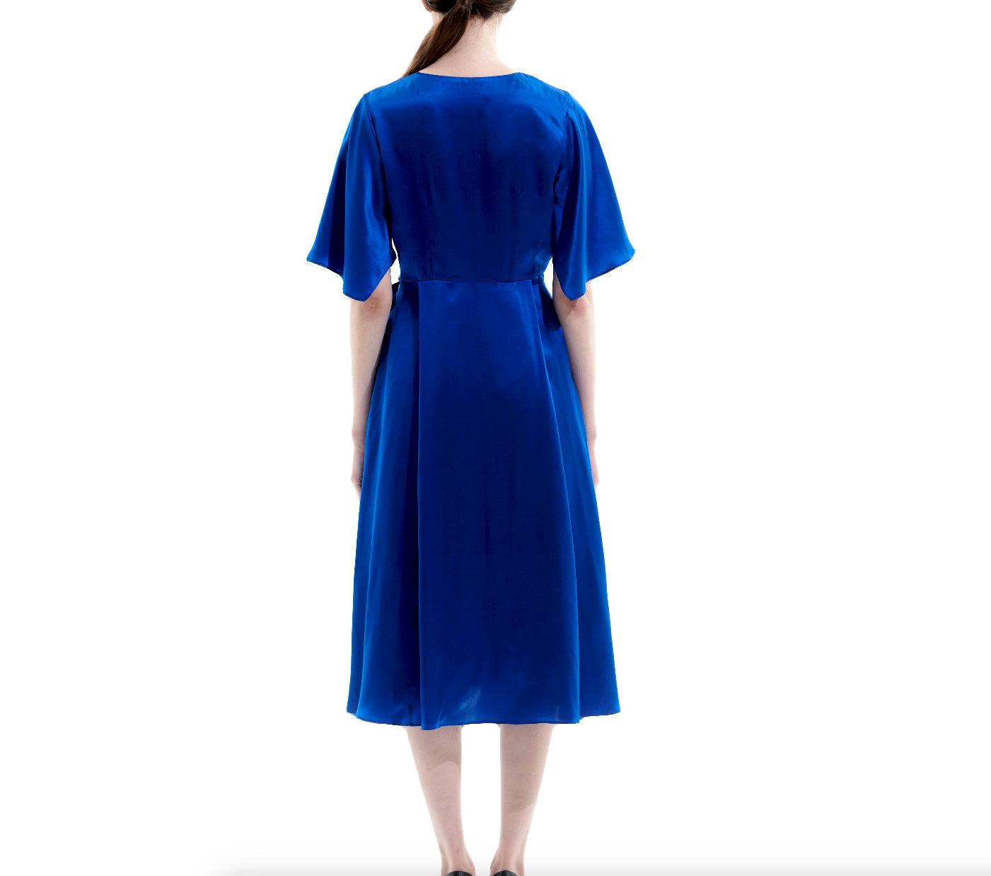 Silk Satin Blue Wrap Midi Dress - BTK COLLECTION