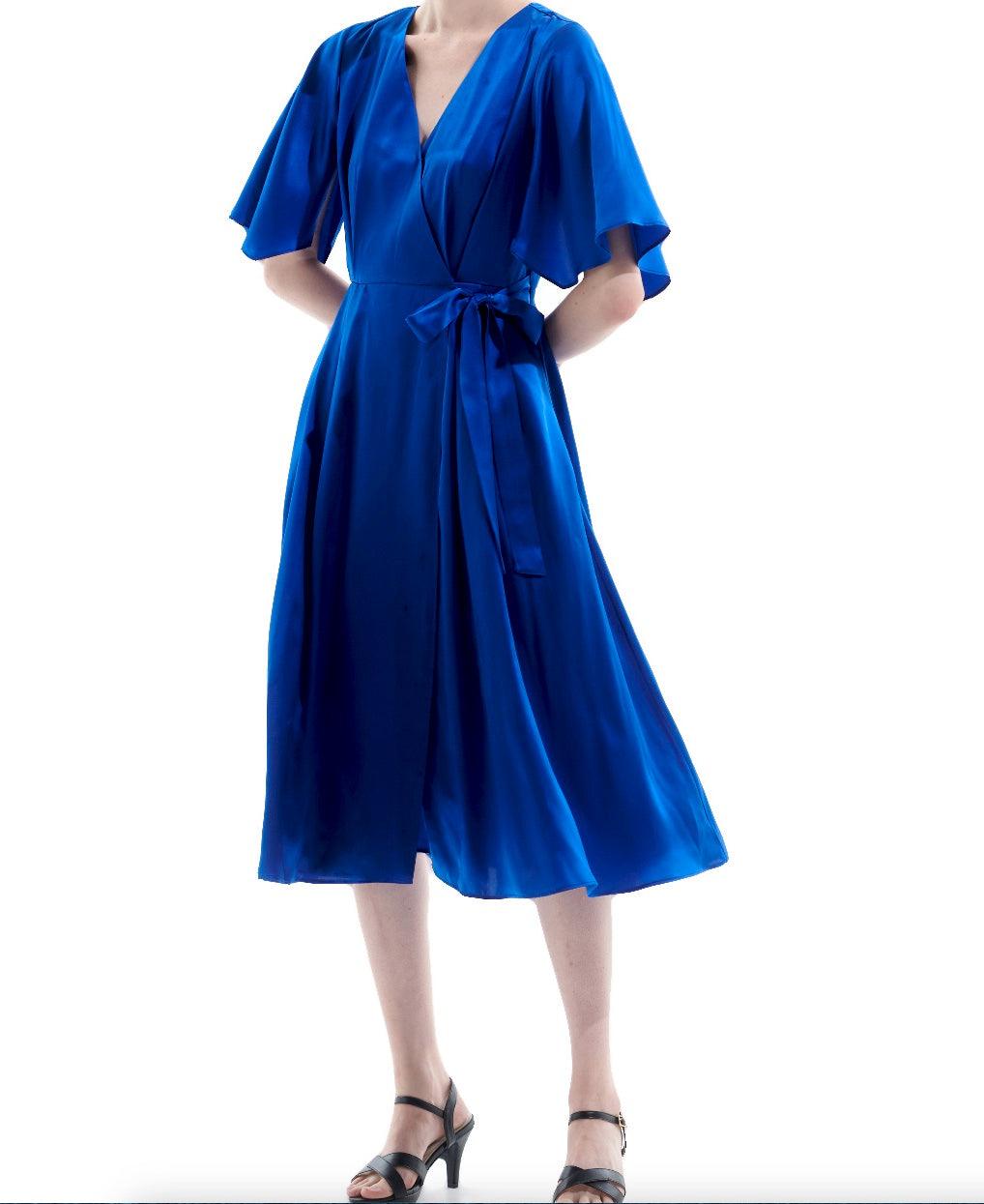 Silk Satin Blue Wrap Midi Dress - BTK COLLECTION