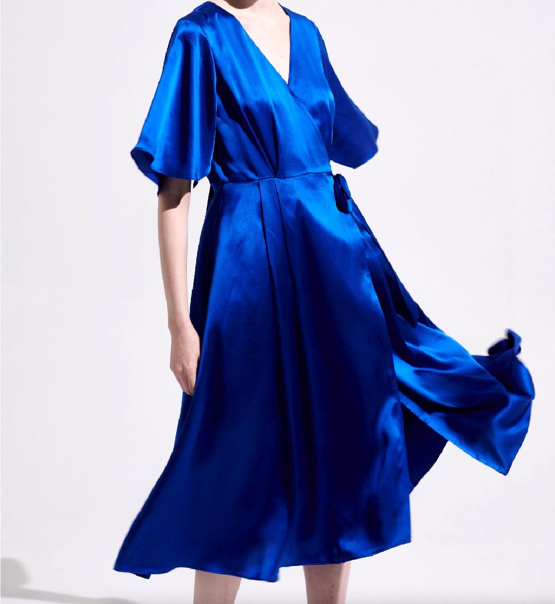 Silk Satin Blue Wrap Midi Dress - BTK COLLECTION