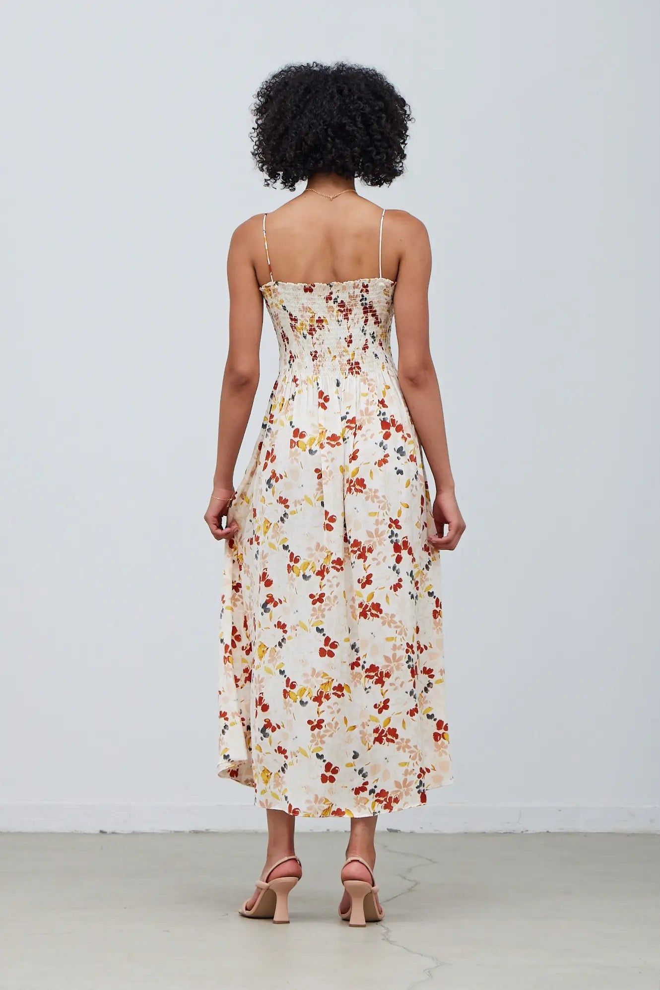 Smocked Bodice Floral Satin Dress - BTK COLLECTION