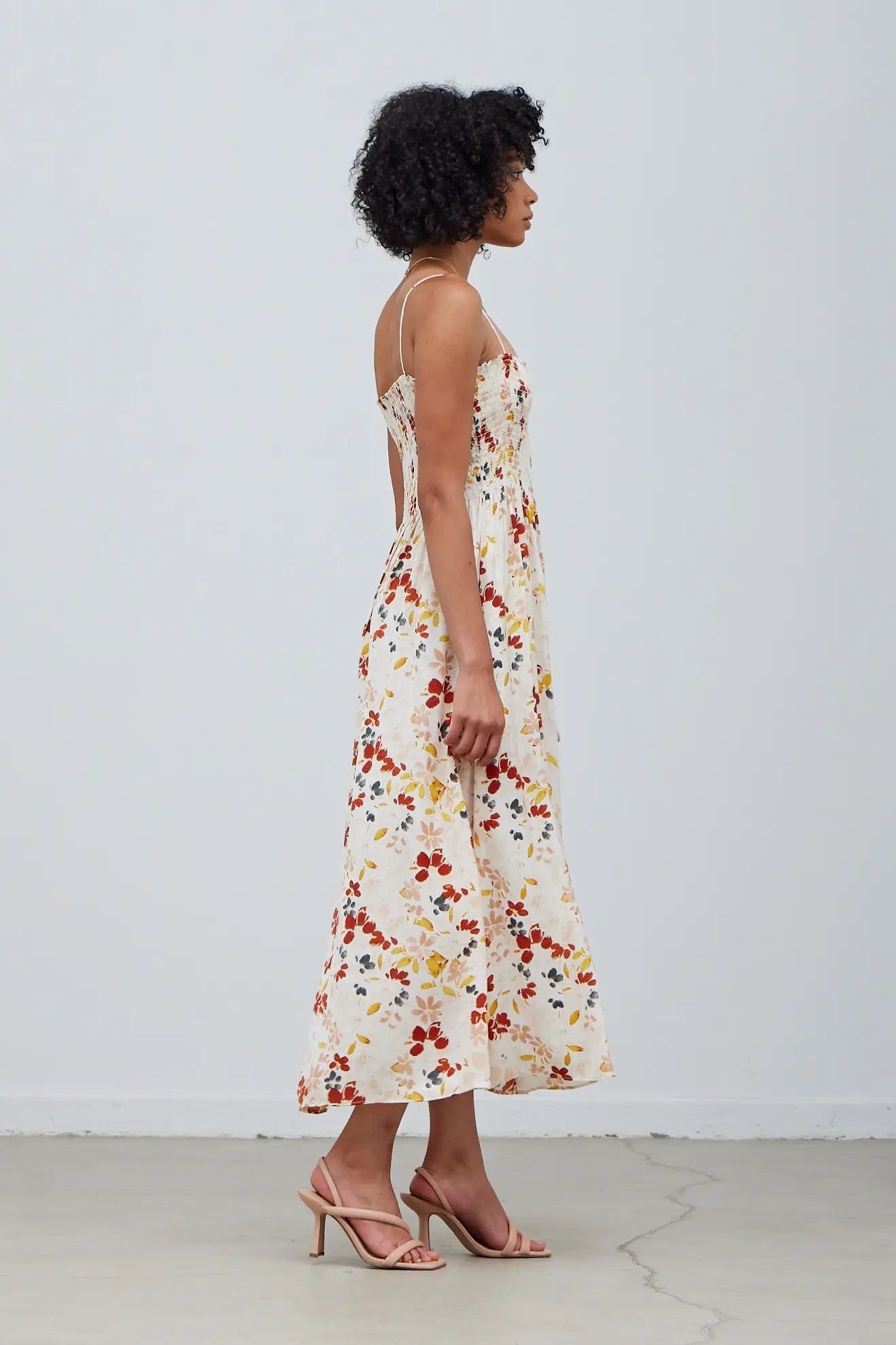 Smocked Bodice Floral Satin Dress - BTK COLLECTION