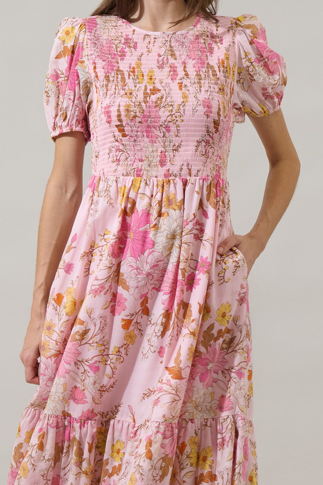 Solanda Floral Aruba Smocked Midi Dress - BTK COLLECTIONS