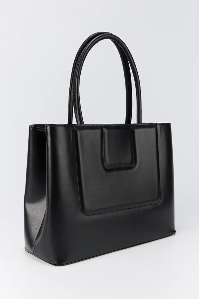 Black calfskin leather tote bag with quilted detail and professional finish