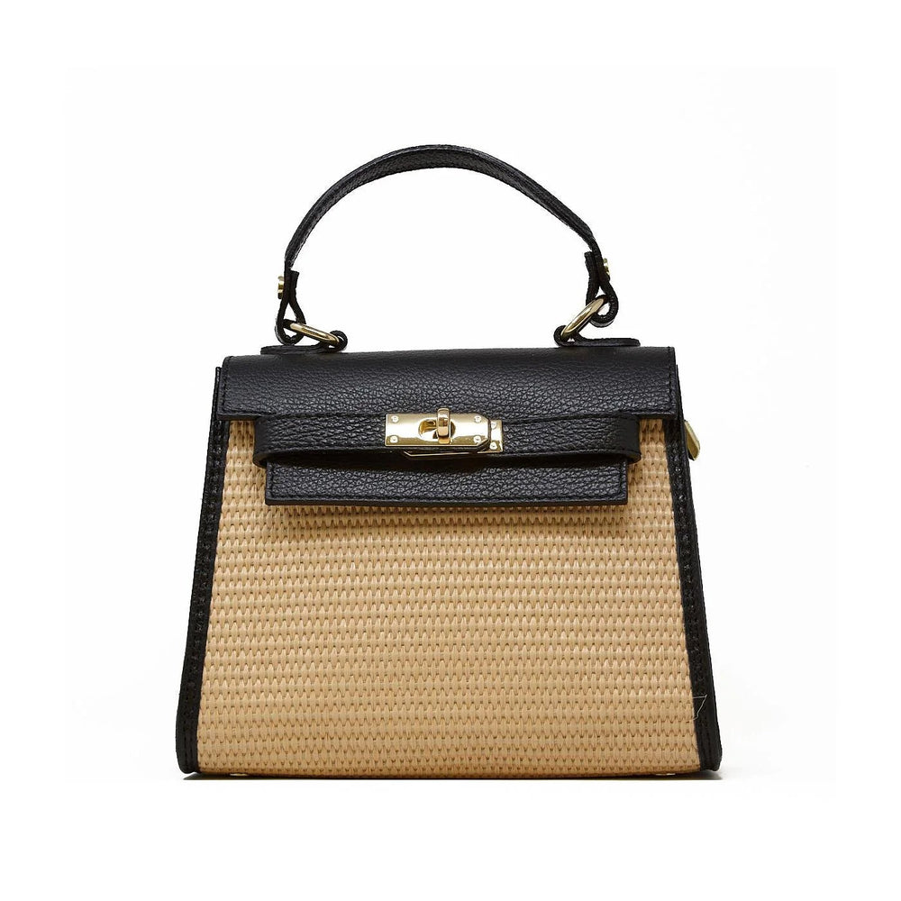 Black leather and raffia trapezoid handbag with top handle and gold hardware