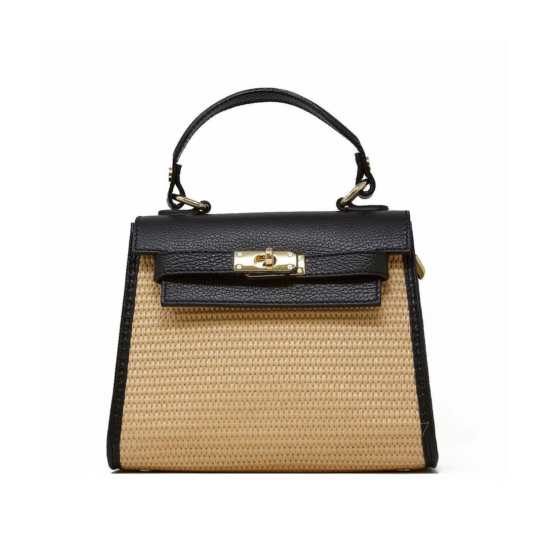 Black leather and raffia trapezoid handbag with top handle and gold hardware