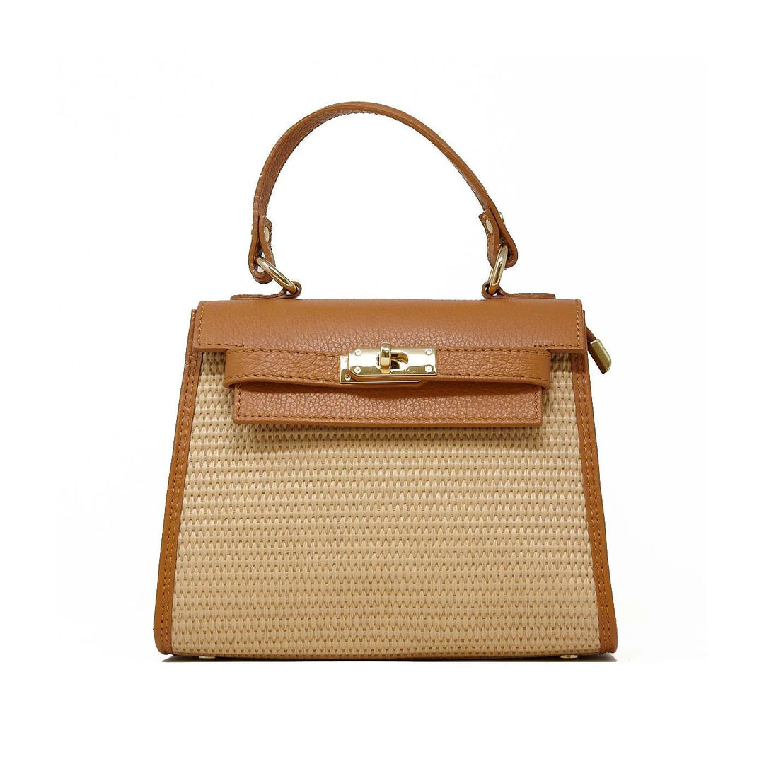 Camel brown leather raffia bag with top handle and classic gold twist-lock