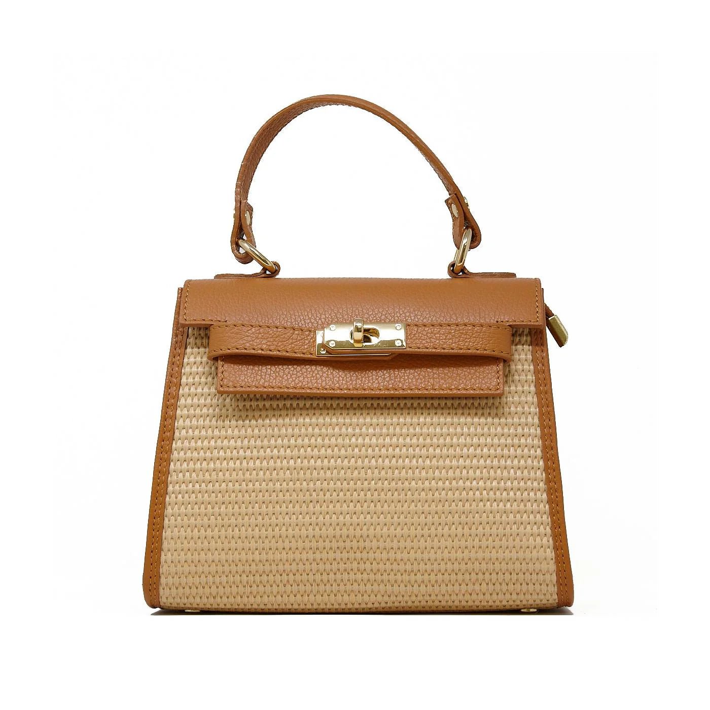 Tan leather‑trim raffia top‑handle mini satchel with gold turn‑lock closure.