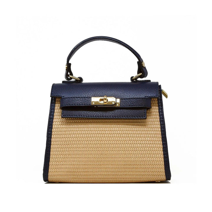 Navy blue leather and raffia handbag by German Fuentes with elegant trapezoid shape
