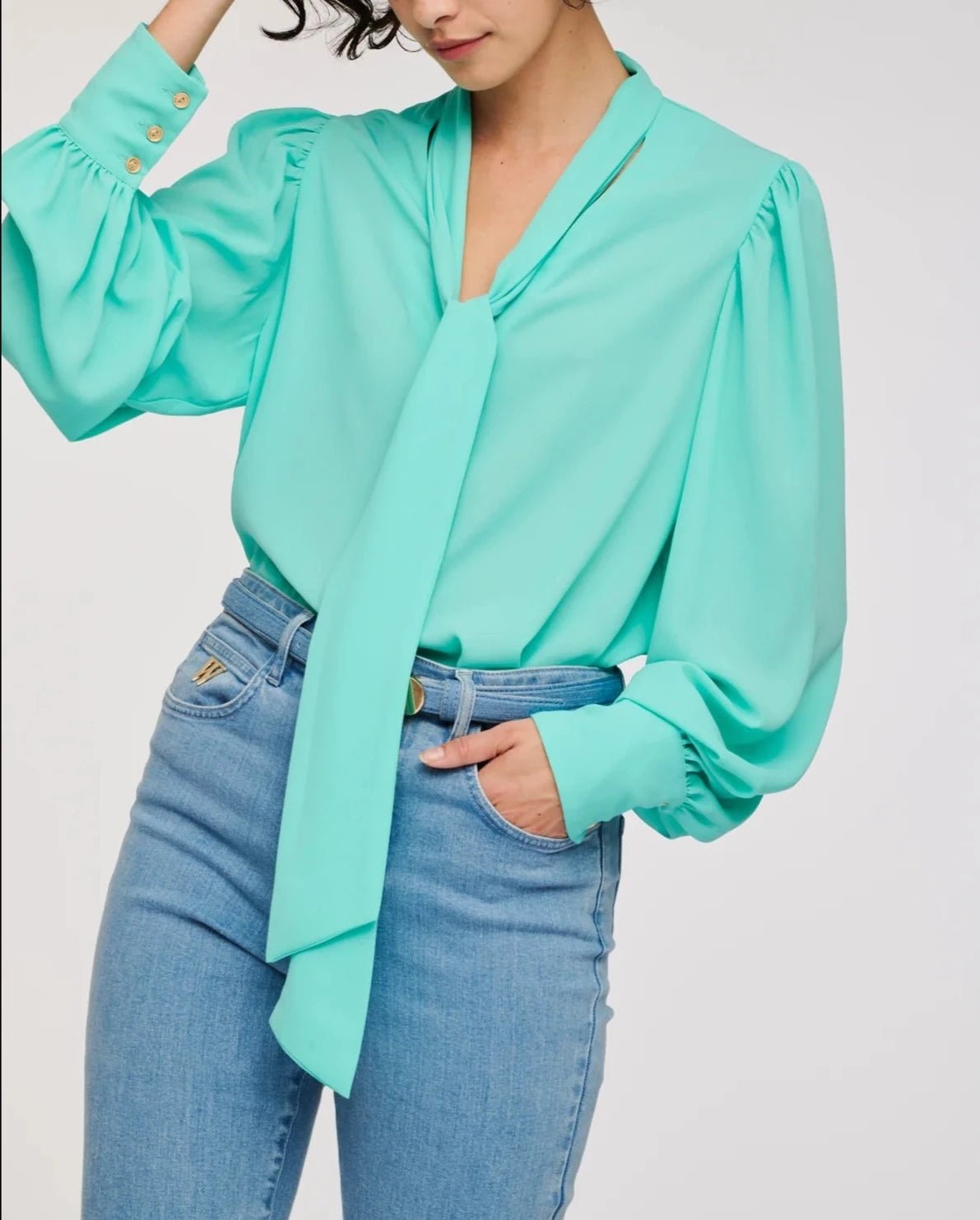 Turquoise WEILL blouse with loosely knotted neck ties, gathered sleeves and gold-tone cuff buttons