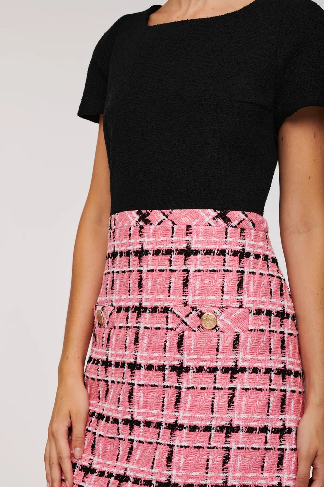 Weill Paris Dual - Material Tweed Dress with Pink Checkered Skirt - BTK COLLECTIONS