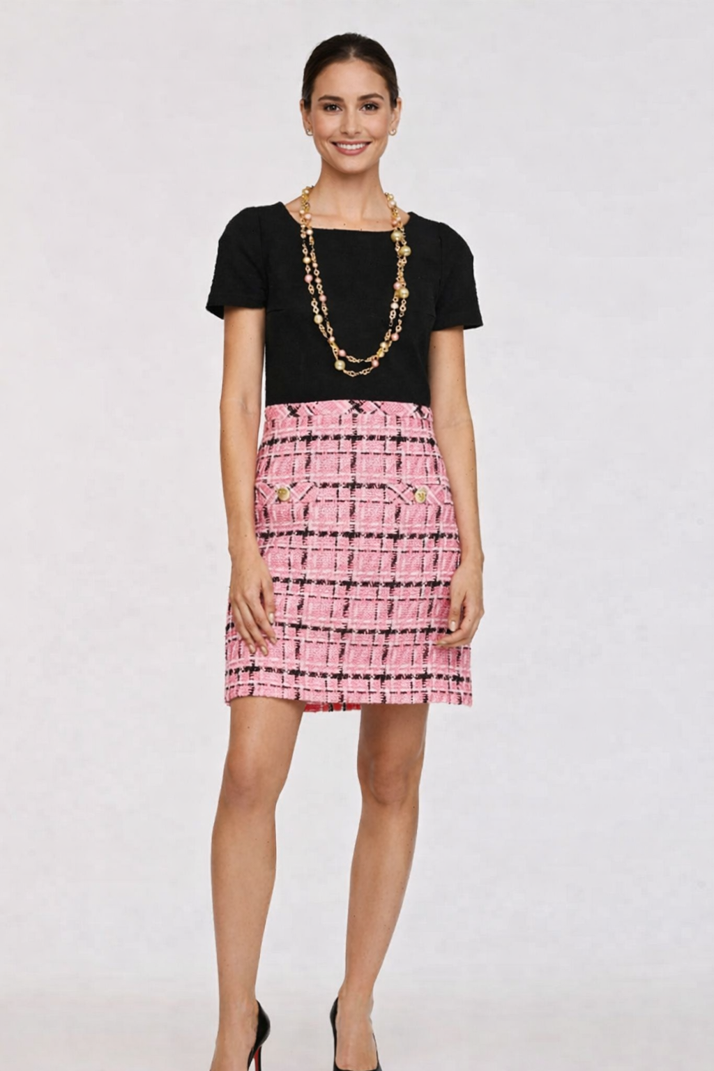 Weill Paris Dual-Material Tweed Dress with Pink Checkered Skirt