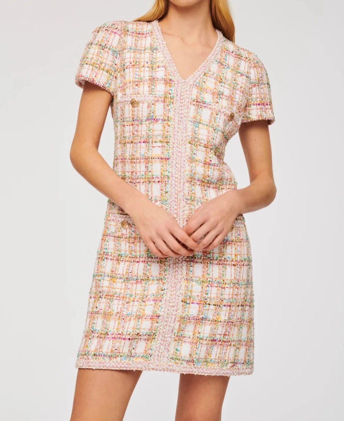 Multicolour tweed V-neck dress with gold buttons by Weill Paris.
