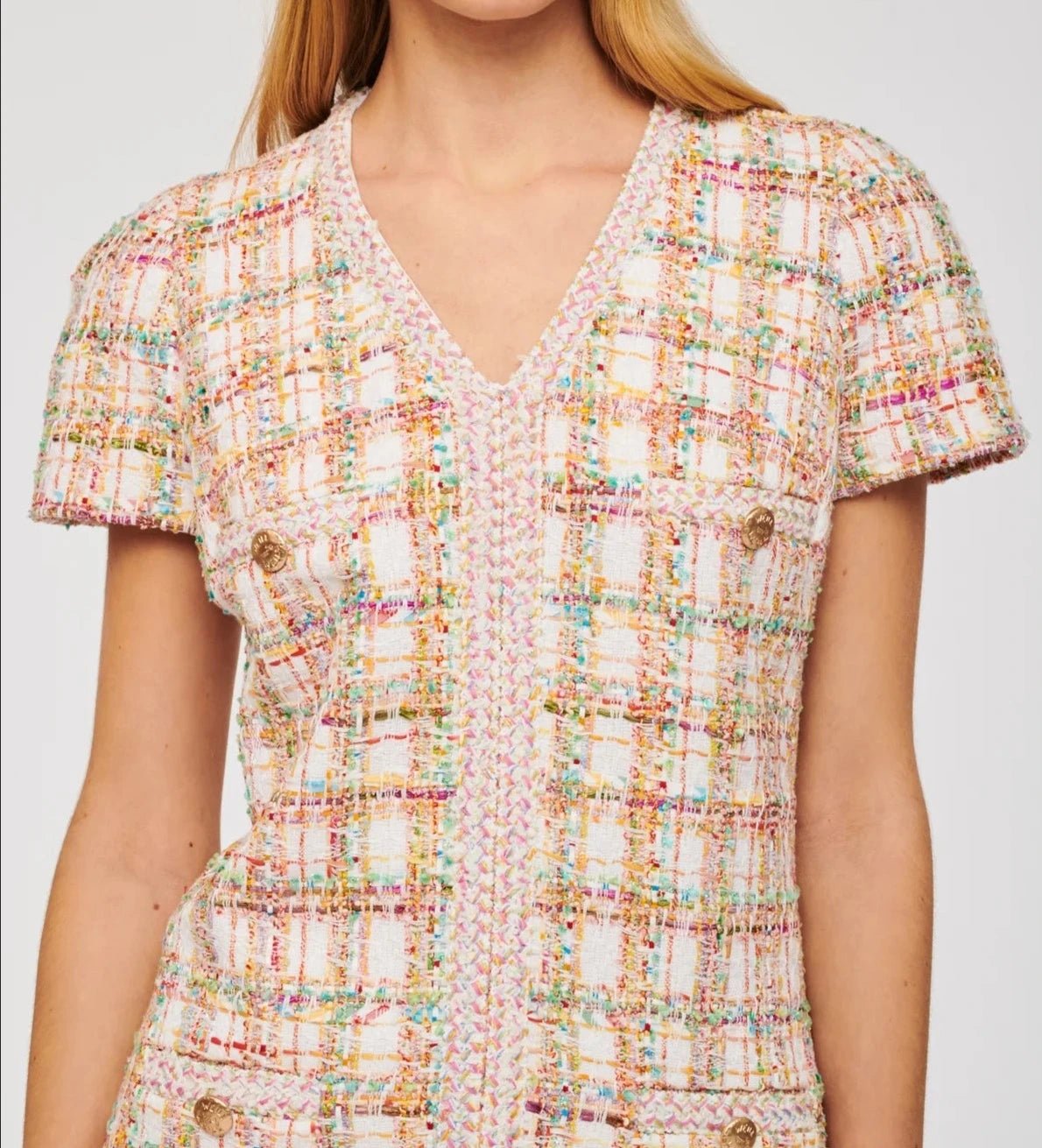 Weill Paris Multi-Color Tweed Short Dress with V-Neck - BTK COLLECTIONS