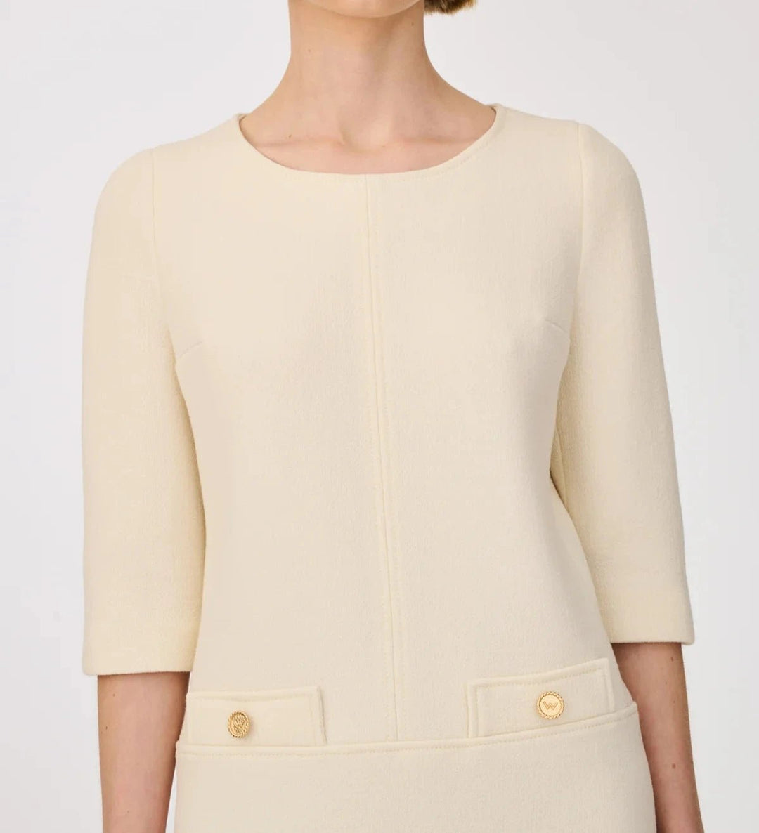 Weill Paris Wool Crepe Shift Dress with Gold Button Details - BTK COLLECTIONS