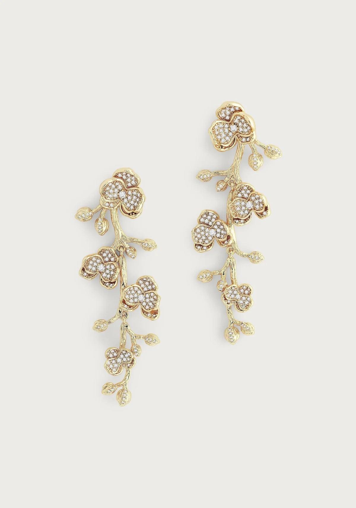 White Orchid Pave Clear Dangle Earrings - BTK COLLECTION