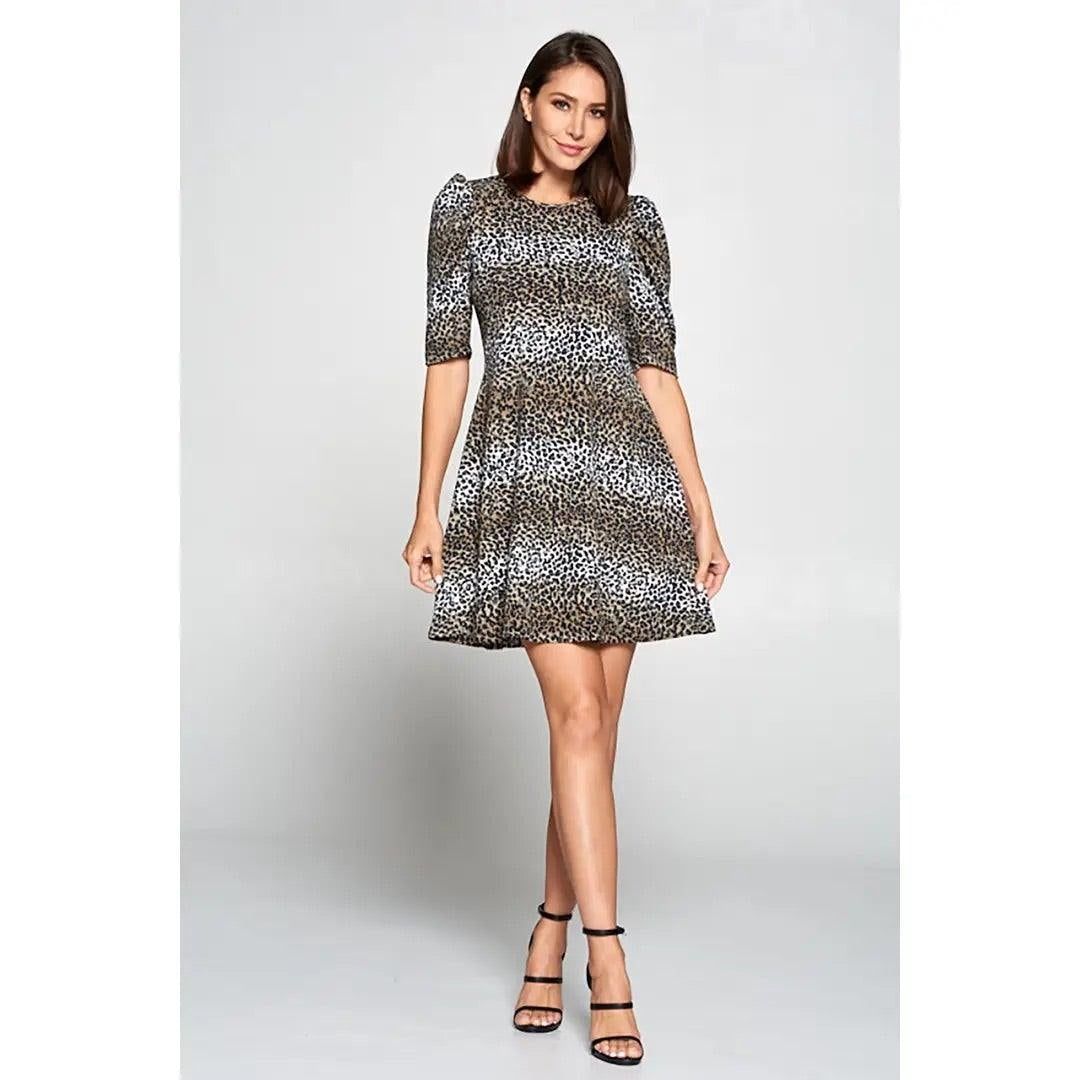 Animal Print Swing Dress with Puff Sleeve - BTK COLLECTION