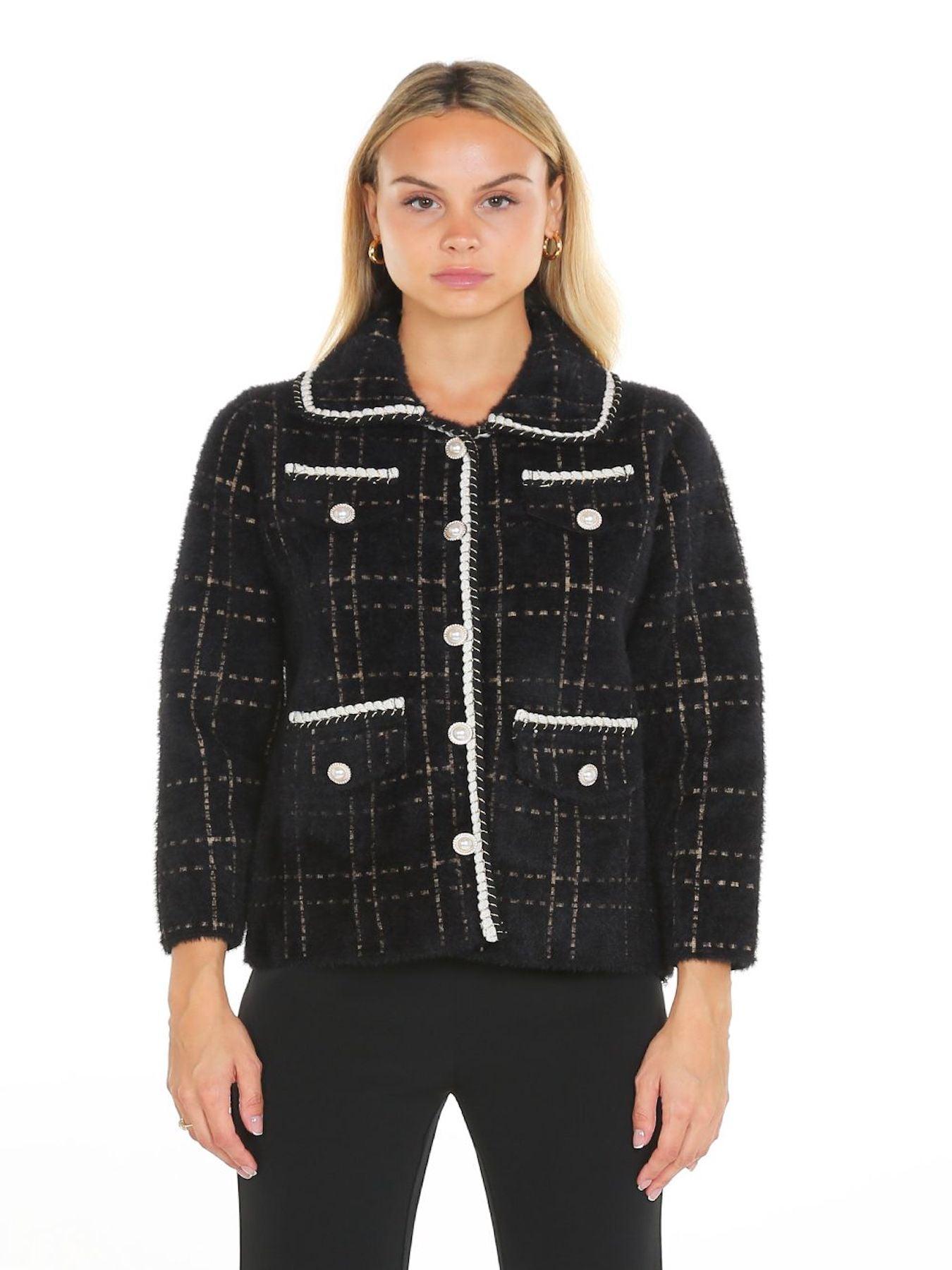 Black Contrast Lining Plaid Tweed Jacket - BTK COLLECTION