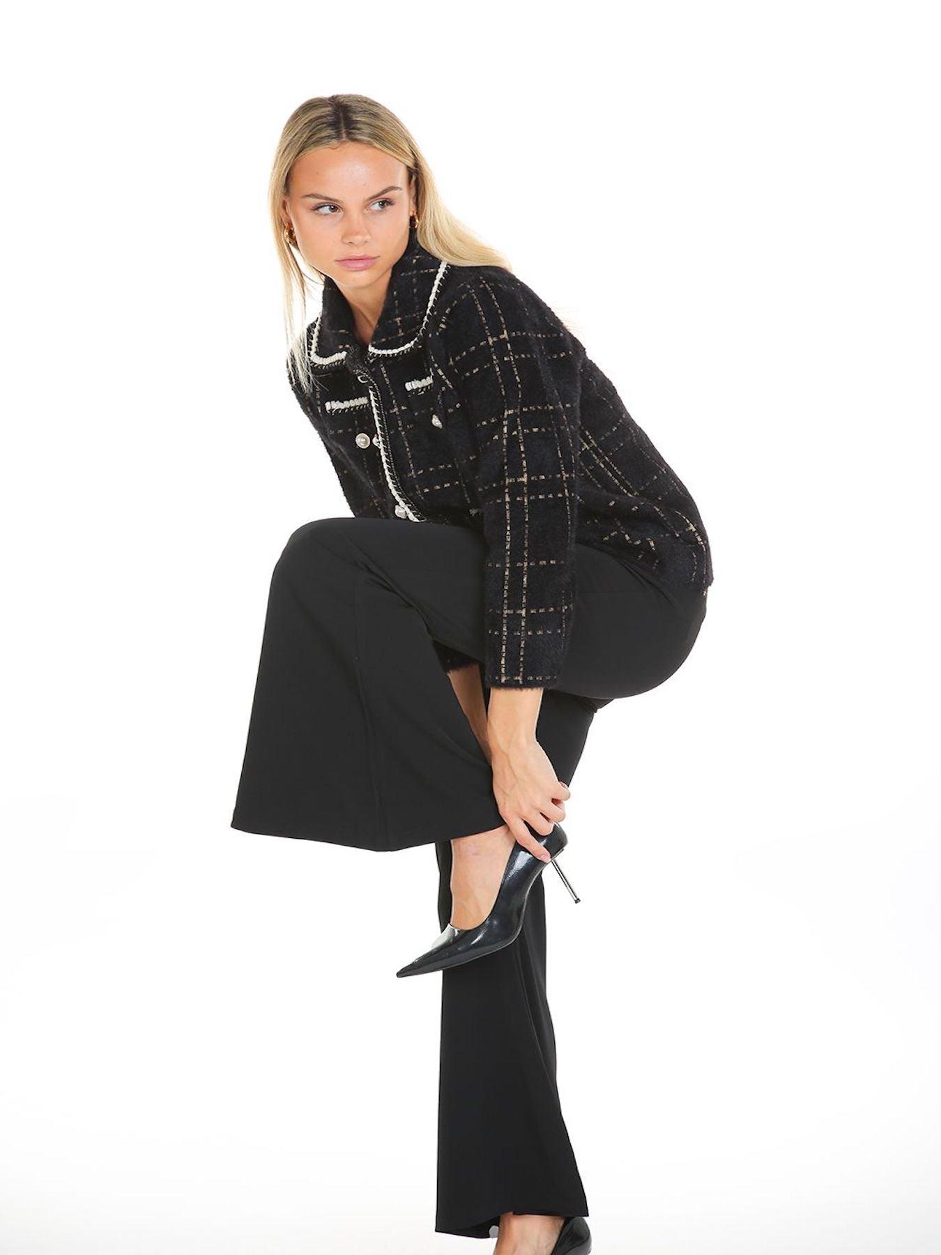 Black Contrast Lining Plaid Tweed Jacket - BTK COLLECTION