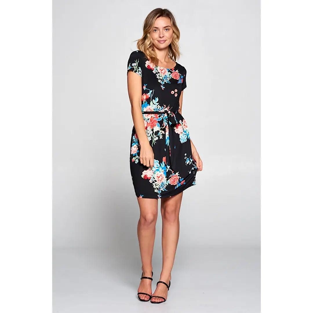 Black Floral Print Knit Dress with Waist Tie - BTK COLLECTION