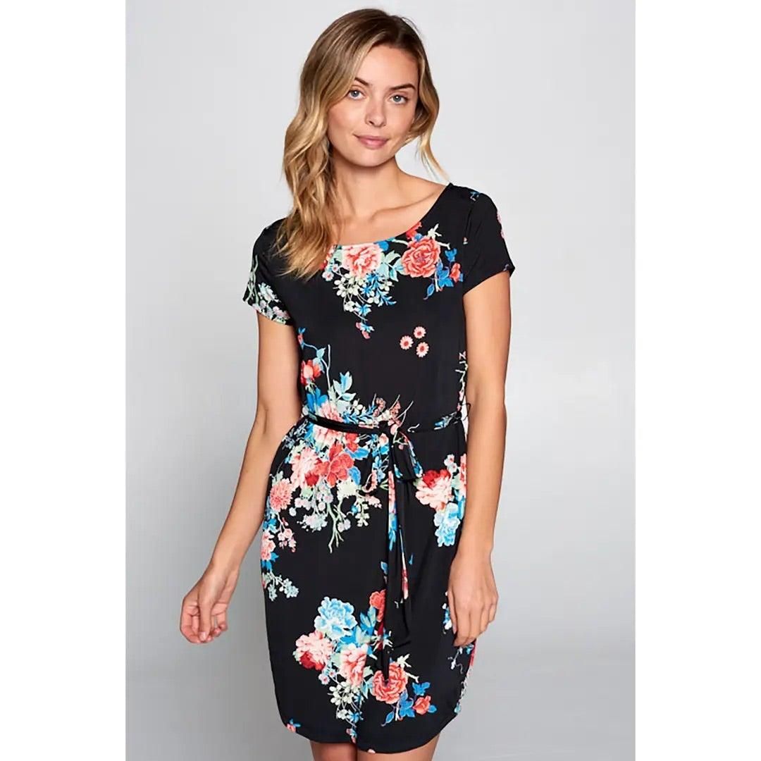 Black Floral Print Knit Dress with Waist Tie - BTK COLLECTION