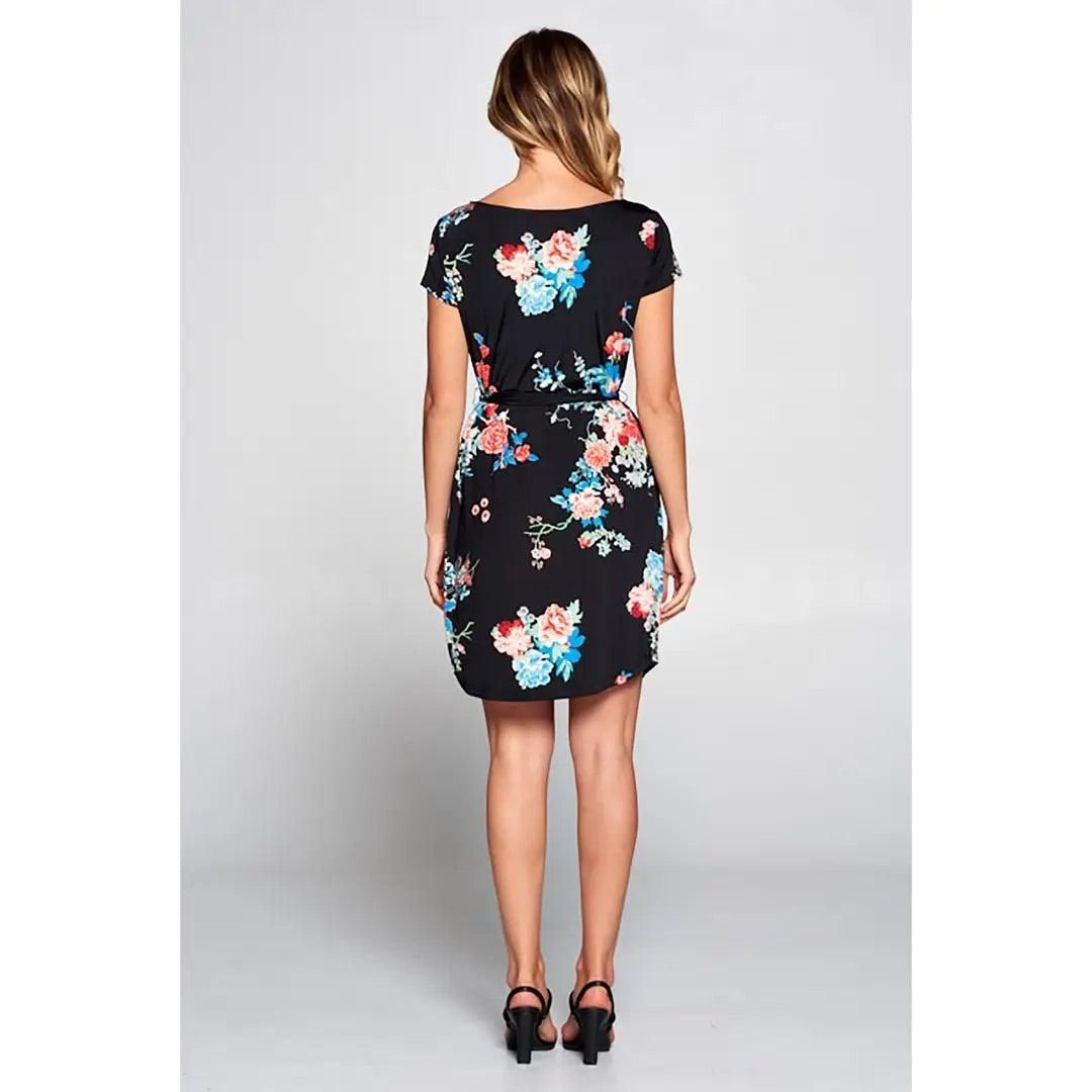 Black Floral Print Knit Dress with Waist Tie - BTK COLLECTION