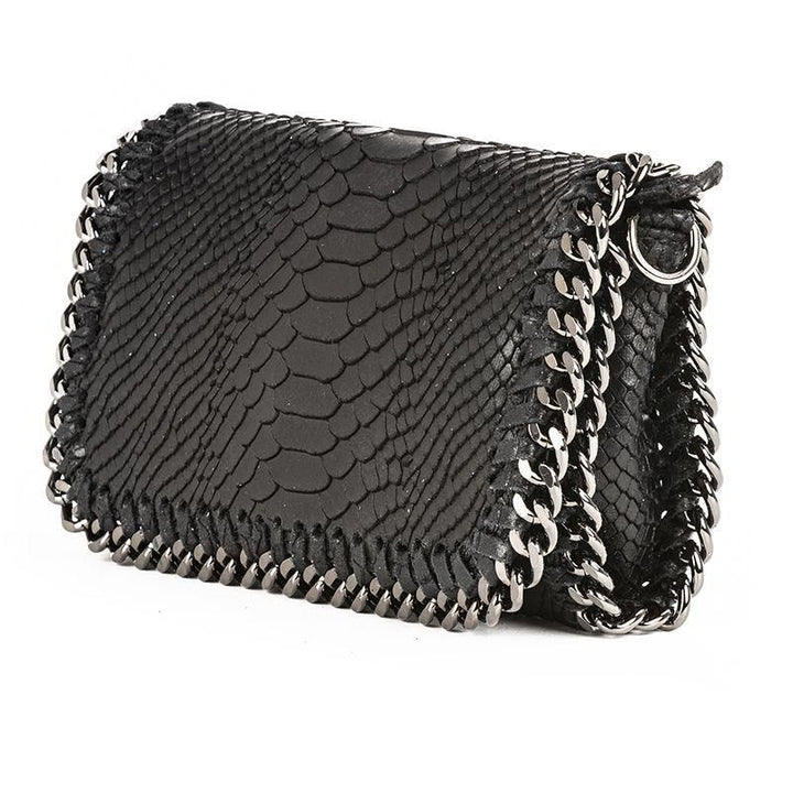 Black genuine leather clutch with snake-textured finish and silver chain trim, worn as crossbody or handheld