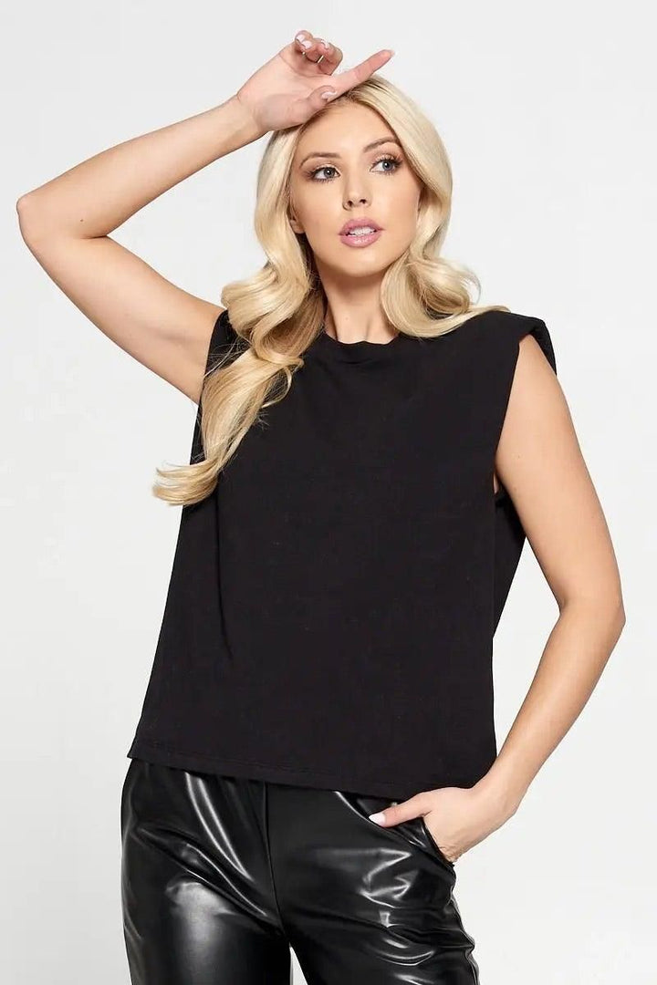 Black Solid Shoulder Pad Top - BTK COLLECTIONS