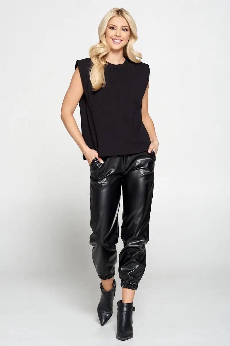 Black Solid Shoulder Pad Top - BTK COLLECTION